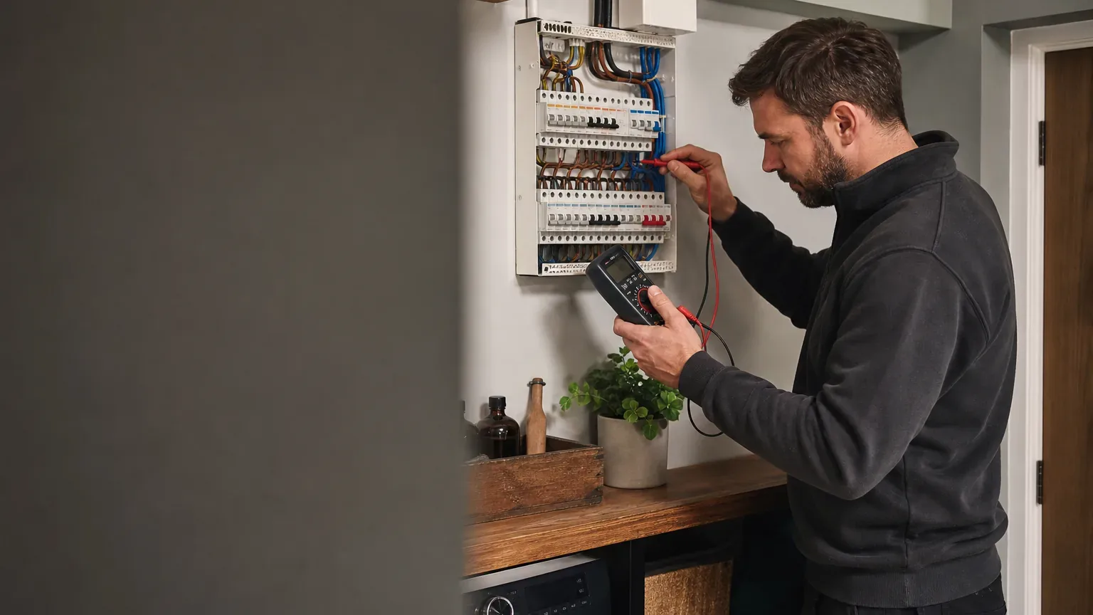 Illustrative AI-generated electrician testing a domestic consumer unit